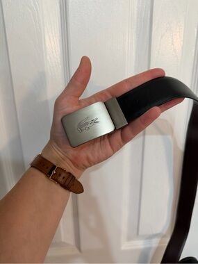 Lacoste Black Leather Belt with Brushed Silver Crocodile Buckle
